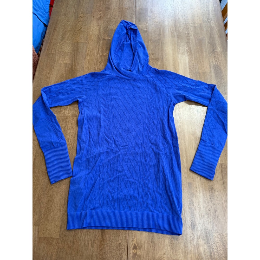 Lululemon Blue Cable Knit Textured Hoodie Longline Thumbhole Pullover Sweater